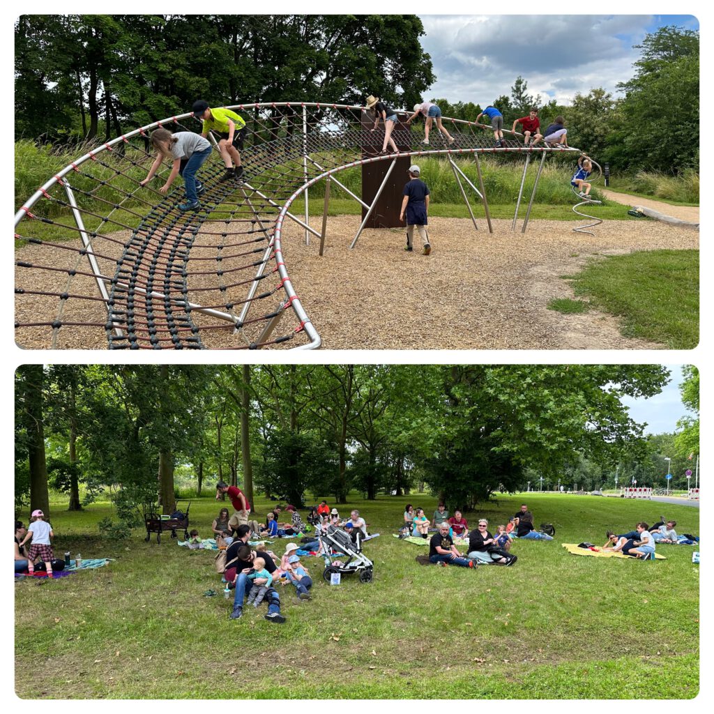 Collage mit einem Bild des Klettergerüsts in Bogenform mit kletternden Kindern und ein Bild mit Familien picknickend auf einer Wiese.