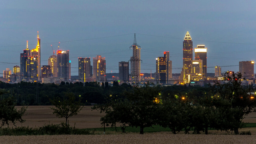 Skyline von Frankfurt am Main bei Abenddämmerung mit Feld und Bäumen im Vordergrund